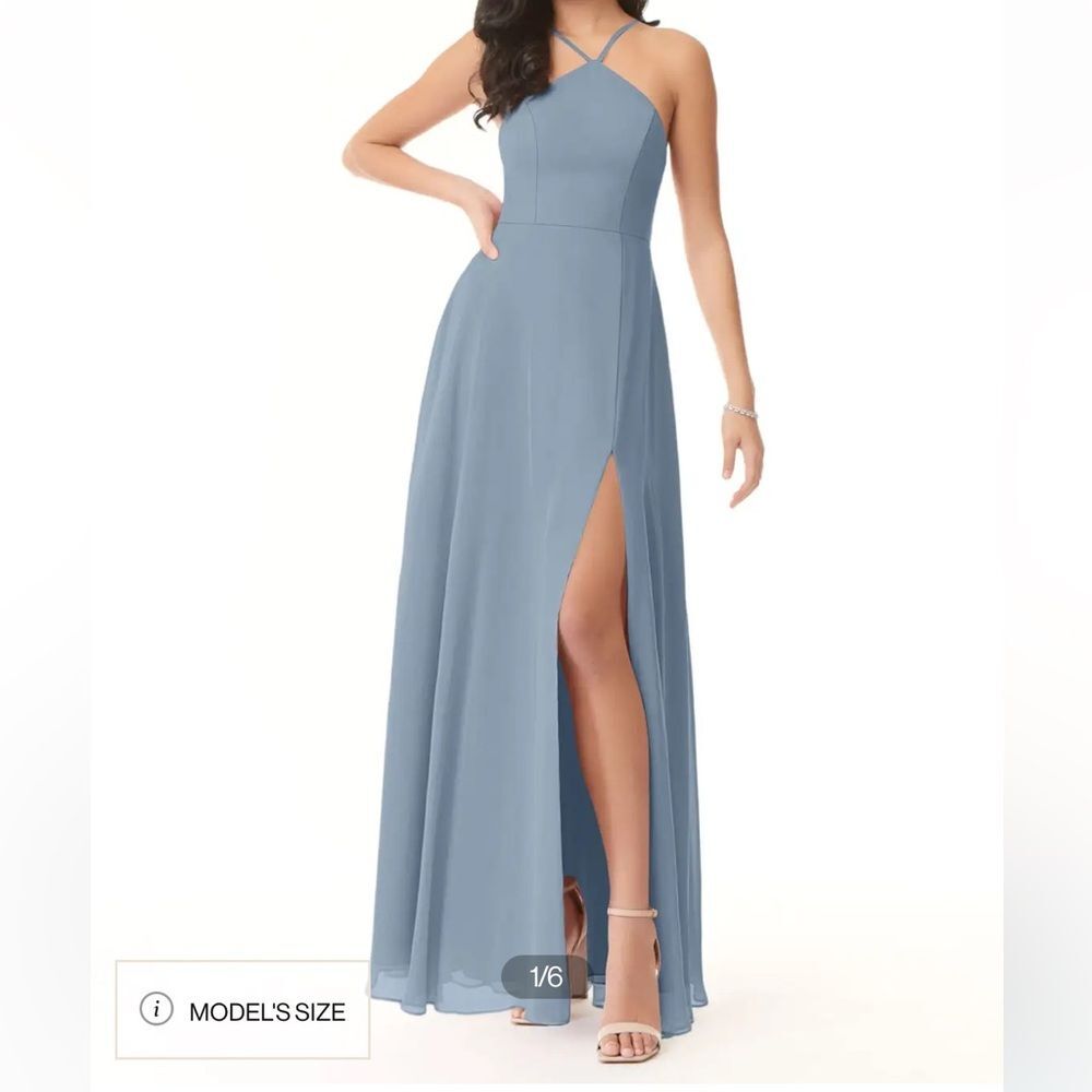 Azazie Bailey Dusty Blue A Line Halter Side Slit Chiffon Dresss